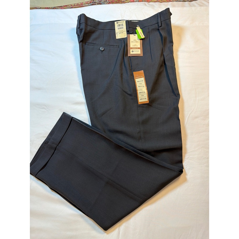Haggar E-Clo Stria Dress Pants Mens 36x32 Charcoal Grey Pleated Cuffed New
